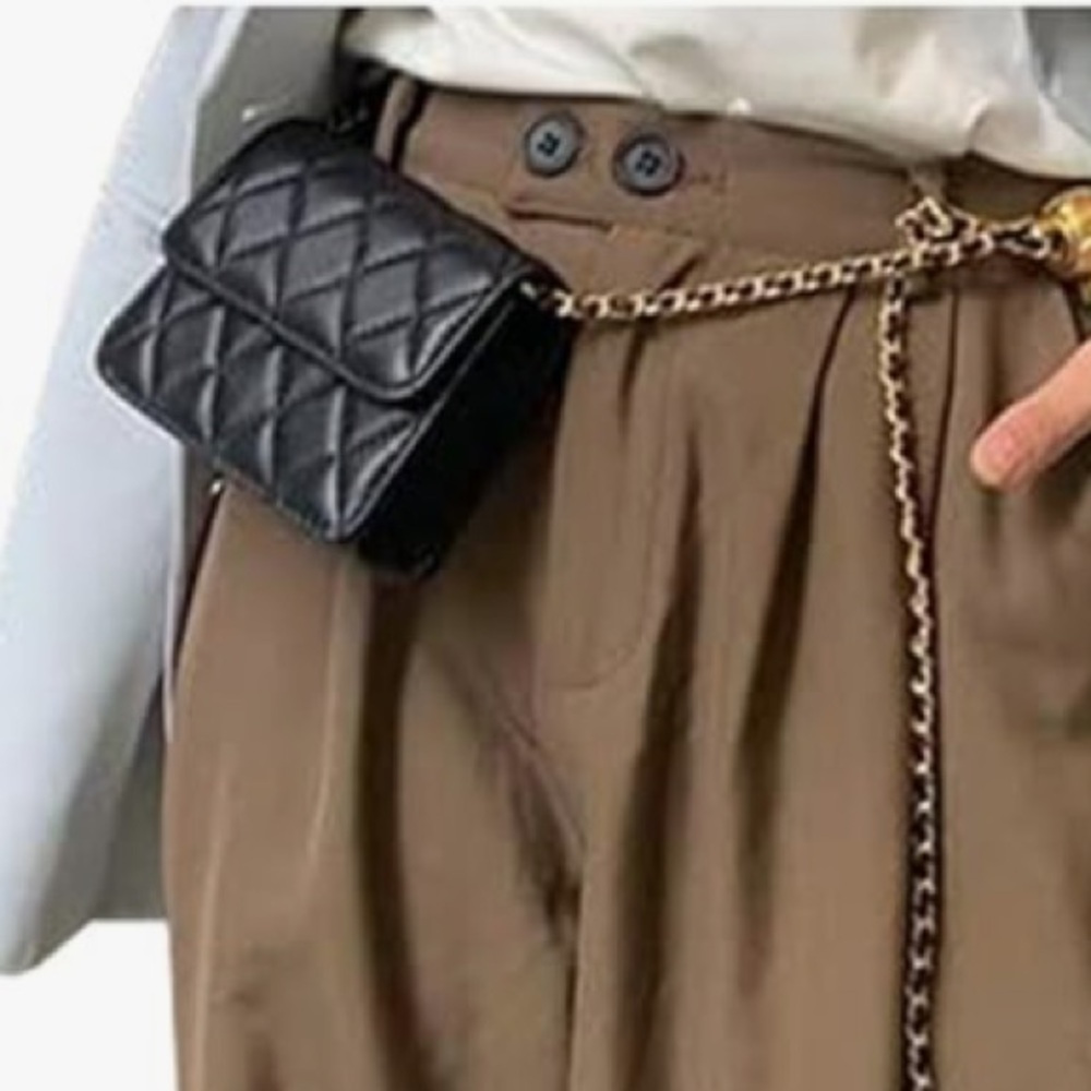 NEW Quilted Micro Mini Waist Belt Bum Bag/ Crossbody Black w/ Gold Chain Strap